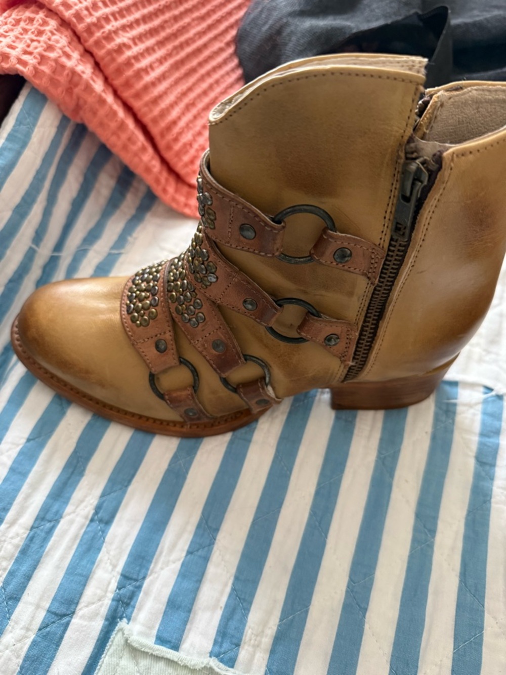 Studded Tan Leather Ankle Boots